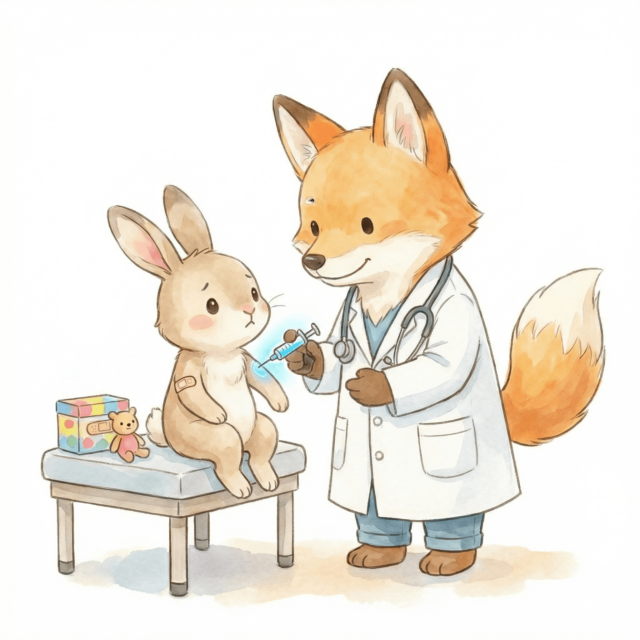 コンコン先生がうさぎさんにワクチンを注射しているイラスト