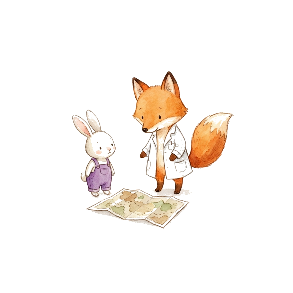 コンコン先生が案内している